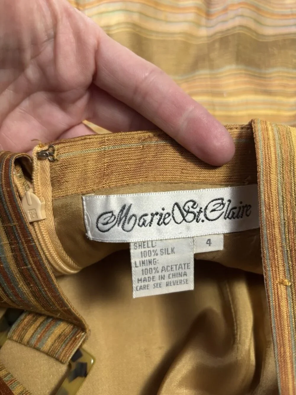 Vintage 100% Silk Green Orange Tan Overall Sheath Dress 4 Grunge Fairy - Picture 12 of 14